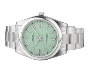 Oyster Perpetual 41 Stainless Steel watch with pistachio green dial, 2025 model, front view.
