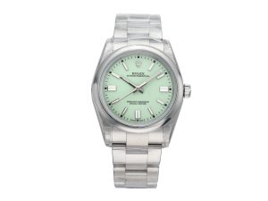 Oyster Perpetual 36 Stainless Steel watch with pistachio green dial, 2025 model, displayed front view.