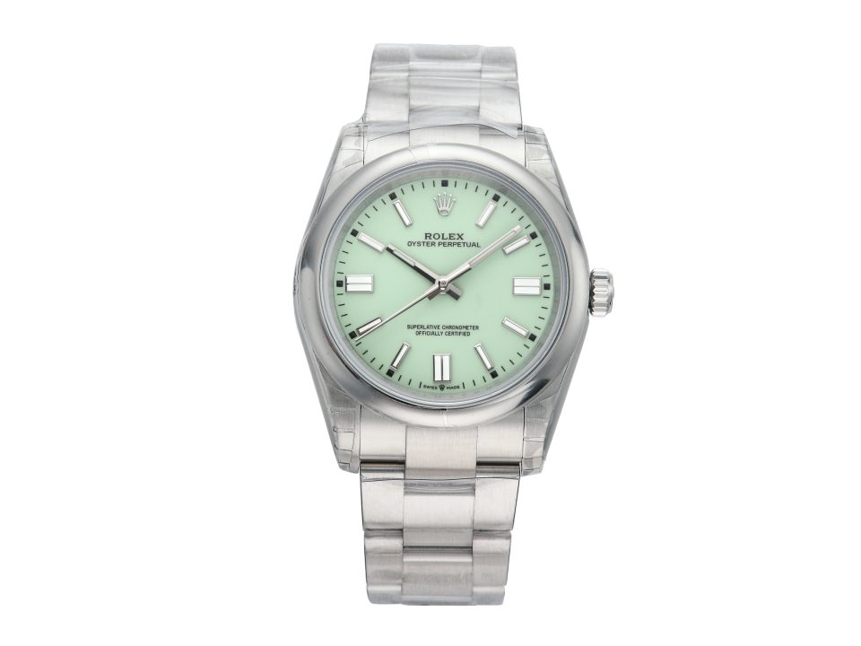 Oyster Perpetual 36 Stainless Steel watch with pistachio green dial, 2025 model, displayed front view.