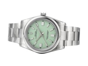 Oyster Perpetual 36 Stainless Steel watch with pistachio dial, 2025 model, displayed on a white background.