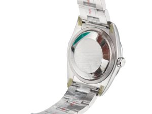 Caseback view of the Oyster Perpetual 36 Stainless Steel with Pistachio Dial 2025, showing bracelet and clasp.