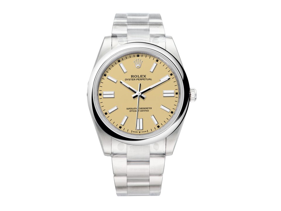 Oyster Perpetual 41 Stainless Steel watch with beige dial, silver hour markers, and oyster bracelet.
