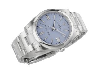 Oyster Perpetual 41 Stainless Steel watch with lavender dial, shown on a product page.