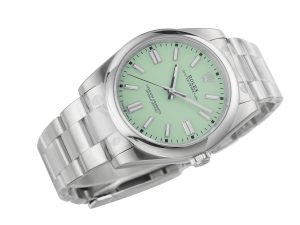 Oyster Perpetual 41 Stainless Steel watch with pistachio dial, displayed at an angle.