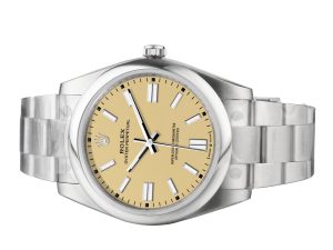Oyster Perpetual 41 Stainless Steel watch with beige dial, silver hour markers, and polished bracelet.