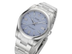 Oyster Perpetual 41 Stainless Steel watch with lavender dial, shown angled to highlight its design.