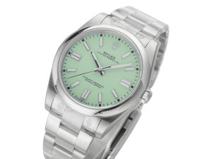 Oyster Perpetual 41 Stainless Steel watch with pistachio green dial, displayed on a product page.