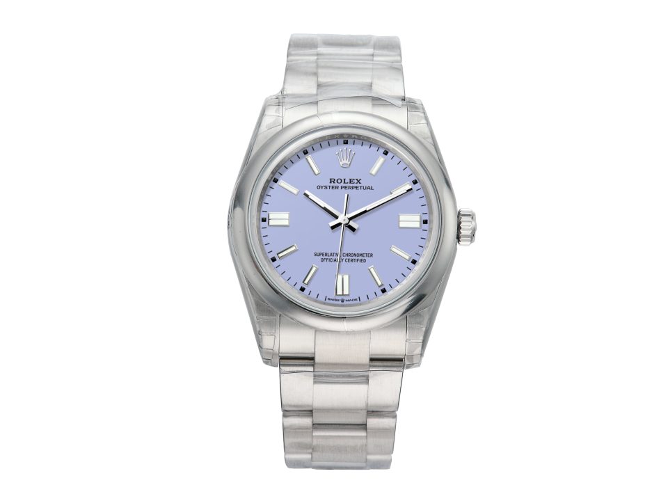 Oyster Perpetual 36 Stainless Steel watch with lavender dial, displayed front-facing.