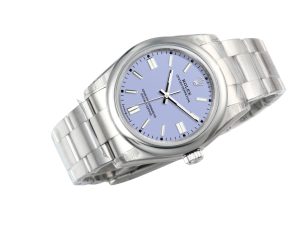 Oyster Perpetual 36 Stainless Steel watch with lavender dial, 2025 model, displayed at an angle.