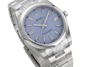 Oyster Perpetual 41 Stainless Steel with lavender dial, 2025 model, shown on a product page.