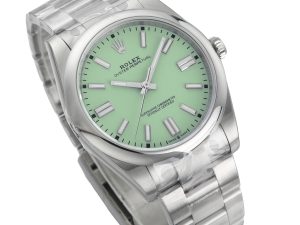 Oyster Perpetual 41 Stainless Steel watch with pistachio green dial, displayed at an angle.