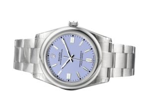 Oyster Perpetual 36 Stainless Steel watch with lavender dial, displayed on product page, model year 2025.