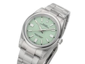 Oyster Perpetual 36 Stainless Steel watch with pistachio green dial, shown on a product page.