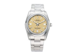 Oyster Perpetual 36 Stainless Steel with beige dial, 2025 model, displayed on a white background.