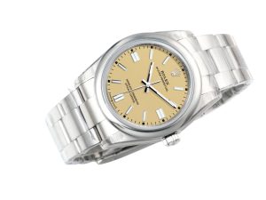 Oyster Perpetual 36 Stainless Steel watch with beige dial, 2025 model, shown at an angle.