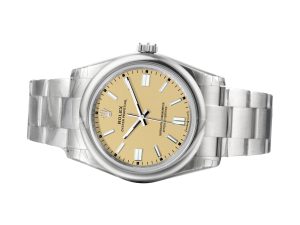 Oyster Perpetual 36 Stainless Steel watch with beige dial, displayed on a product page.