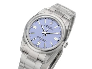 Oyster Perpetual 36 Stainless Steel watch with a lavender dial, 2025 model, displayed at an angle.