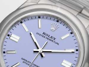 Oyster Perpetual 36 Stainless Steel with Lavender Dial, close-up of watch face and bracelet.