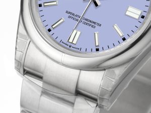 Close-up of Oyster Perpetual 36 stainless steel watch with lavender dial and silver hour markers.