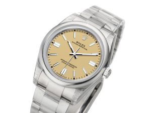 Oyster Perpetual 36 Stainless Steel watch with beige dial, 2025 model, displayed at an angle.