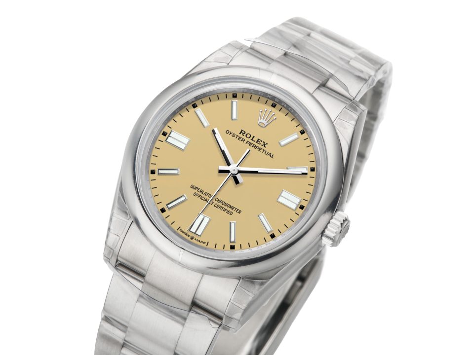 Oyster Perpetual 36 Stainless Steel watch with beige dial, 2025 model, displayed at an angle.