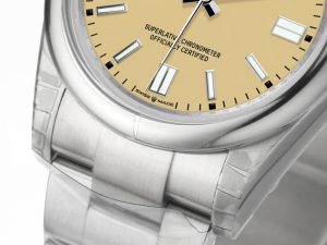 Close-up of Oyster Perpetual 36 Stainless Steel watch with beige dial, shown on the product page.