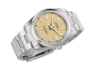 Oyster Perpetual 41 Stainless Steel watch with beige dial, 2025 model, angled view on white background.