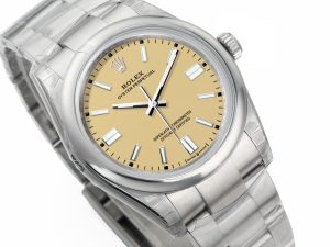 Oyster Perpetual 36 Stainless Steel watch with beige dial, displayed on a product page.