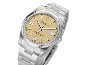 Oyster Perpetual 41 Stainless Steel watch with beige dial, displayed at an angle on a product page.
