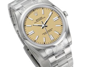 Oyster Perpetual 41 Stainless Steel watch with beige dial, luminous markers, and silver bracelet, 2025 model.