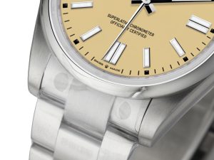 Close-up of the Oyster Perpetual 41 Stainless Steel with Beige Dial, showcasing its detailed face and bracelet.